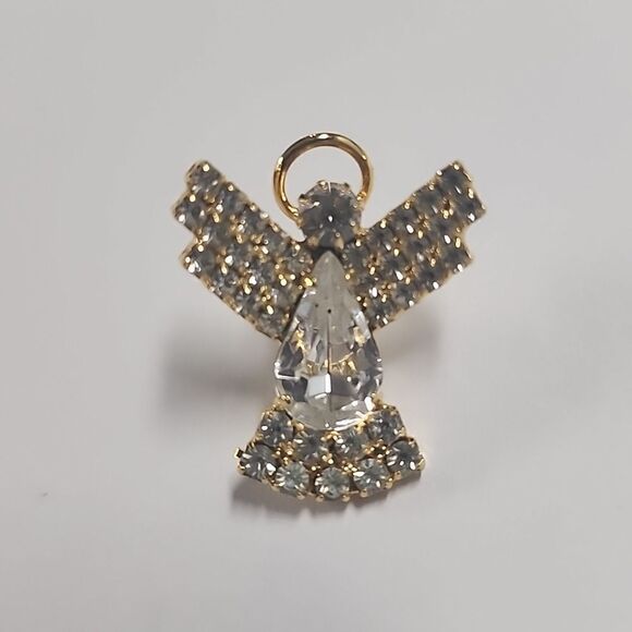 Vintage Clear Rhinestone Guardian Angel Gold Tone Lapel Pin - Picture 2 of 4
